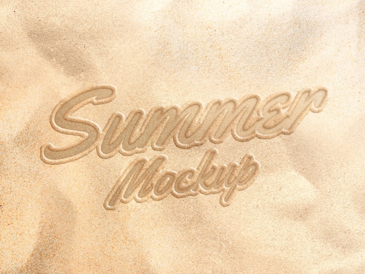 PSD writing sand text on the beach summer effect mockup