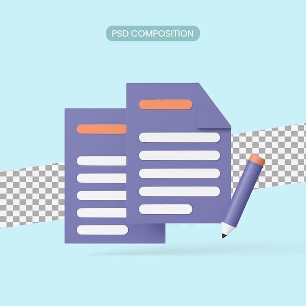Writing sign with notepad and pencil 3d render concept for writing document letter information