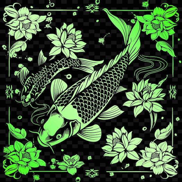 PSD wschodnia sztuka ludowa ryb koi z wzorem w skali i szczegółami wodnymi ilustracja motify dekoracyjne kolekcja