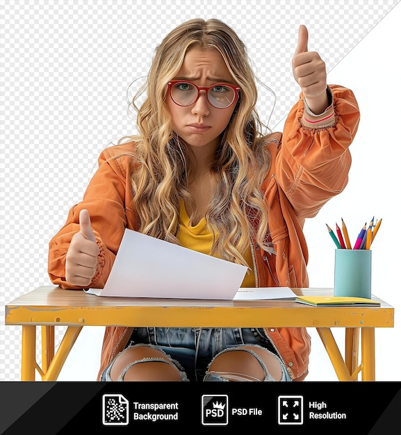 PSD wspaniały smutny pokazujący kciuki w dół młoda nauczycielka nosząca okulary trzymająca papier siedzące biurko z narzędziami szkolnymi klasa z niebieskim kubkiem drewniany stół niebieskie dżinsy czerwone okulary blond włosy żółta koszula