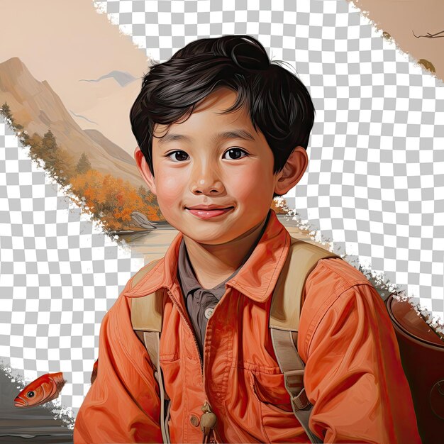 PSD współczujący przedszkolak z krótkimi włosami z pochodzenia etnicznego z azji południowo-wschodniej ubrany w strój rybołówstwa przy jeziorze pozuje w stylie nachylonej głowy z uśmiechem na tle pastelowego mandaryna b