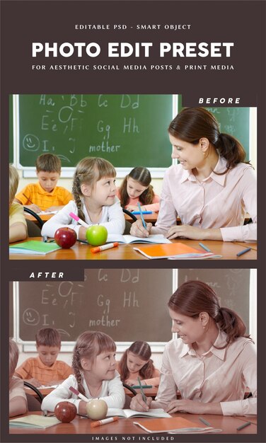 PSD wstępnie ustawiony filtr edycji zdjęć dla przedszkola powrót do ulotki z broszurą szkolną