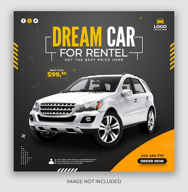 PSD wypożycz samochód marzeń lub wypożycz samochód na instagramie i na facebooku szablon projektu banera w mediach społecznościowych