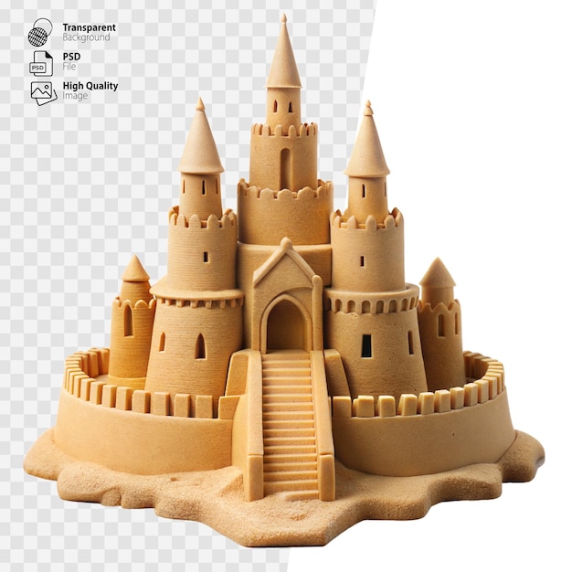 PSD wyrafinowany zamek piaszczysty naśladujący średniowieczną architekturę w jasny dzień