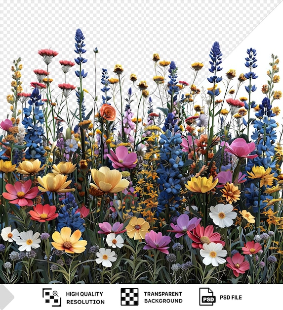 PSD wysokiej jakości kolorowe kwiaty łąkowe i ogrodowe z odizolowanymi owadami na odizolowanym tle