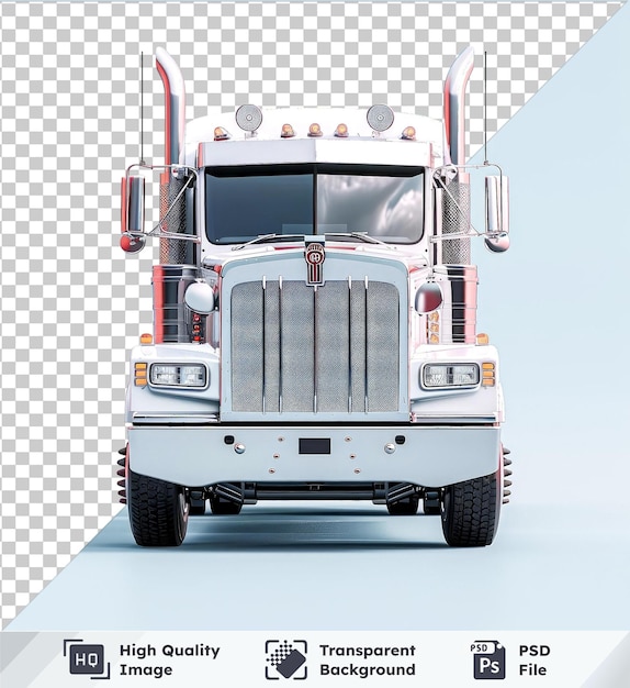 PSD wysokiej jakości makietka białej amerykańskiej ciężarówki z srebrną grillem na czystej niebieskiej przestrzeni z czarnym oponą widoczną na pierwszym planie