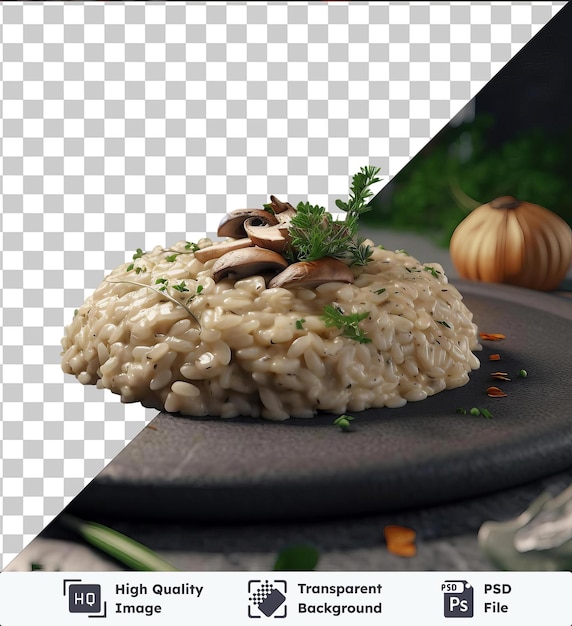PSD wysokiej jakości przezroczyste, kremowate risotto z grzybów podawane na okrągłym czarnym talerzu wraz z brązowym grzybem i pomarańczową dynią na szarym stole