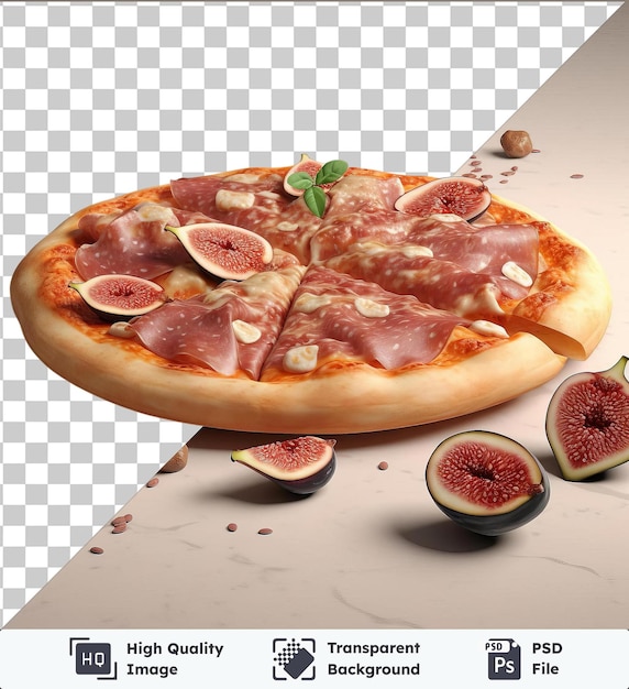 PSD wysokiej jakości przezroczyste psd pizzę z pysznymi figami i prosciutto z naciętymi figami i zielonym liściem podawaną na przezroczystym tle z czarnym cieniem w tle