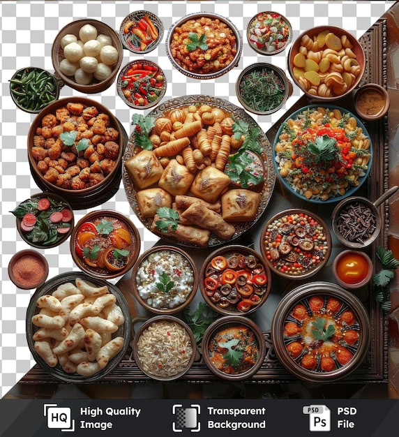 PSD wysokiej jakości przezroczyste psd ramadan tradycyjne potrawy wystawione na stole ozdobionym brązowym garnkiem i zielonym kwiatem