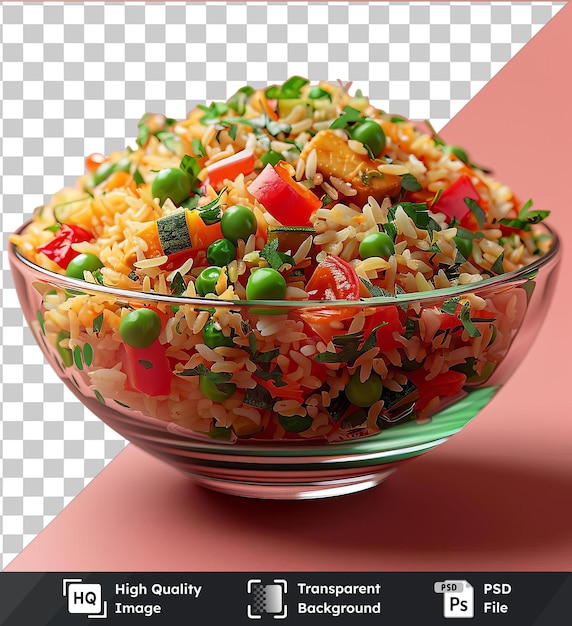 PSD wysokiej jakości przezroczyste warzywo psd biryani podawane w szklanej misce na różowym stole w towarzystwie zielonego groszka i czerwonego pieprzu z ciemnym cieniem w tle