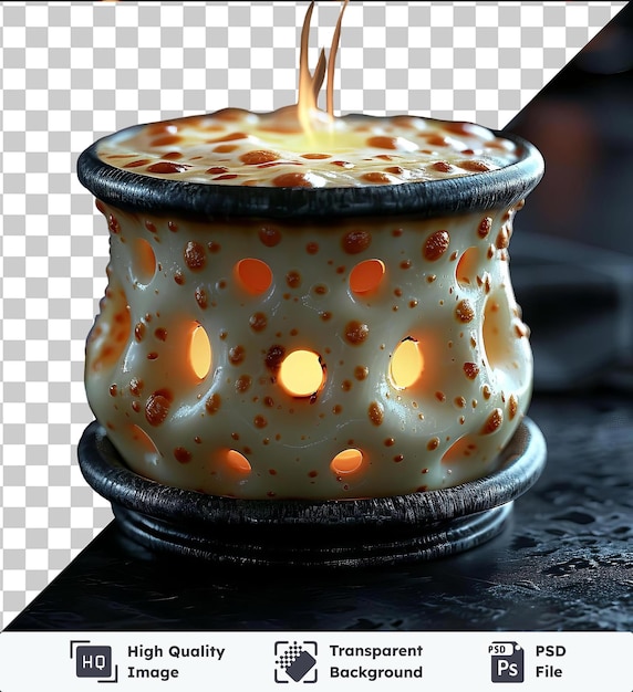 PSD wysokiej jakości przezroczysty ciasto fondue z serem psd z zapaloną świecą na czarnym stole wraz z pomarańczową kropką i czarnym szczytem