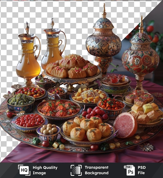 PSD wysokiej jakości przezroczysty talerz iftarowy dla ramadanu z różnorodnymi artykułami spożywczymi i napojami, w tym talerzem i dzbanem ustawionym na szarej ścianie