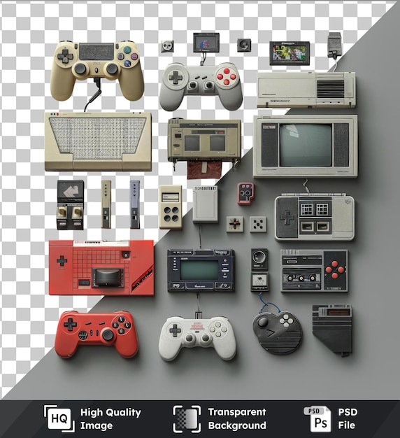 PSD wysokiej jakości przezroczysty zestaw zbiorów gier wideo psd retro wyświetlany na szaro-białej ścianie z białym kontrolerem i czerwonym kontrolerem