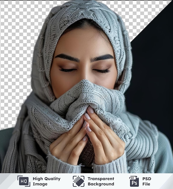 PSD wysokiej jakości psd młoda piękna arabska kobieta nosząca zimowy sweter nad izolowanym poczuciem złego samopoczucia i kaszlu jako objaw przeziębienia lub zapalenia oskrzeli koncepcja opieki zdrowotnej