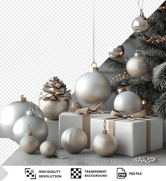 PSD wysokiej jakości świąteczna dekoracja z srebrnymi i białymi ozdobami, białym pudełkiem i łukiem na przezroczystym tle na białej ścianie