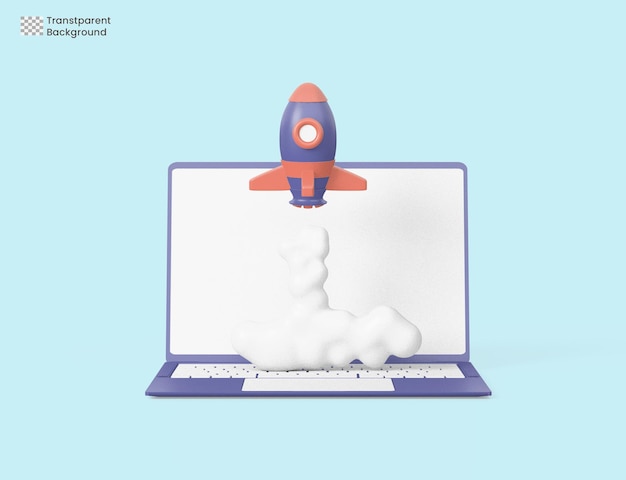 PSD wystrzelenie rakiety na laptopie, ikona latającej rakiety, koncepcja projektu uruchamiania biznesu. renderowania 3d