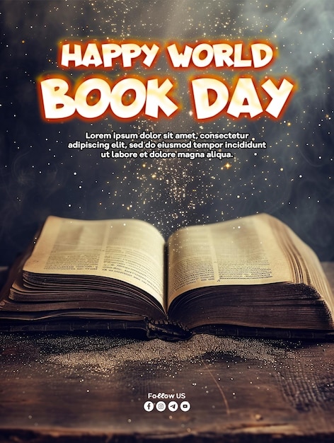 PSD wzór plakatu światowego dnia książki z otwartą starożytną książką na drewnianym stole z pokryciem błyszczącym