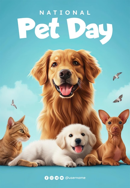 PSD wzór plakatu z narodowym dniem zwierząt domowych z psem i kotem na tle