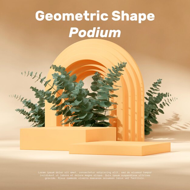 wzór wzoru żółtego prostokątnego podium w kwadratowym łuku i liście eukaliptusu 3D renderowanie obrazu