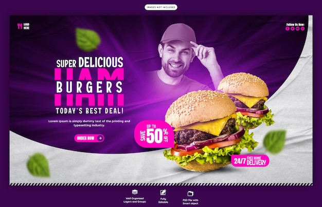 Wzorzec banera internetowego dla pysznych hamburgerów i menu spożywczego