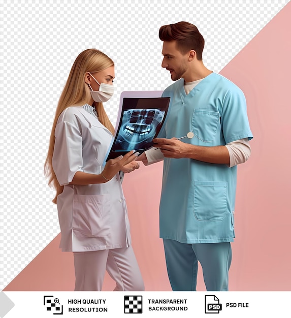 X-ray resultaten tonen een man en een vrouw die voor een roze muur staan de man draagt een lichtblauw en blauw shirt en witte broek terwijl de vrouw lang blond haar heeft en png psd