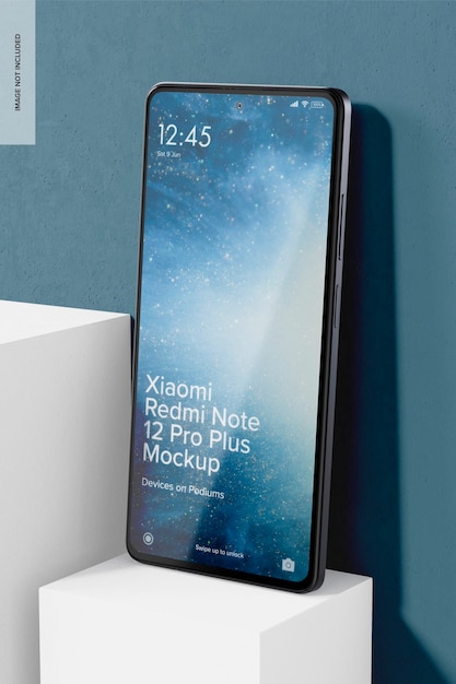 PSD xiaomi redmi note 12 pro plus op podium mockup, perspectief