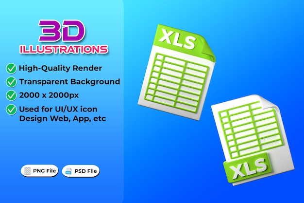 Xls file type 3d rendering on transparent background ui ux icon design web and app trend