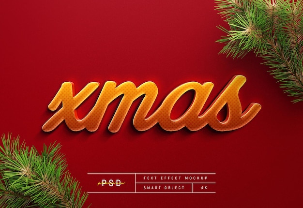 Modello di mockup effetto testo di natale con foglie di pino