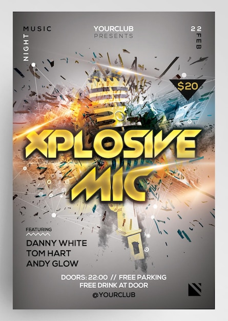 PSD xplosive mic music nachtelijk evenement dj party flyer ontwerp