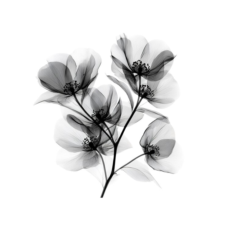 PSD xray of delicate white flowers botanical art in monochrome