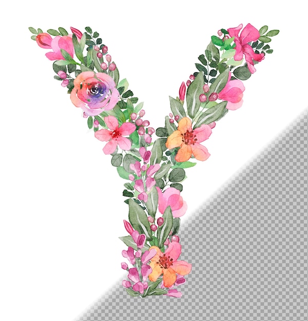 PSD y letter in uppercase made of soft handdrawn flowers and leaves
