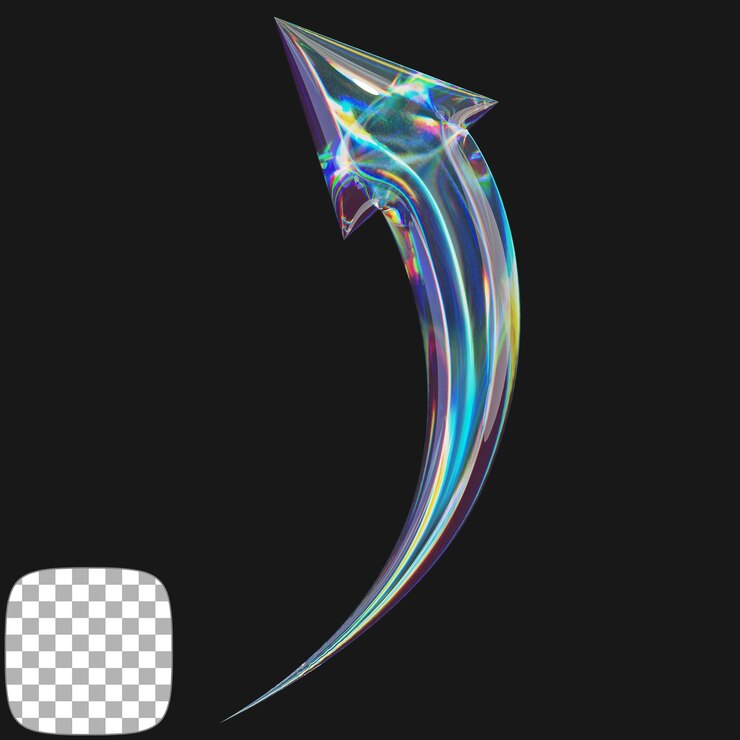 PSD y2k dispersive glass arrow 3d rendering on transparent background