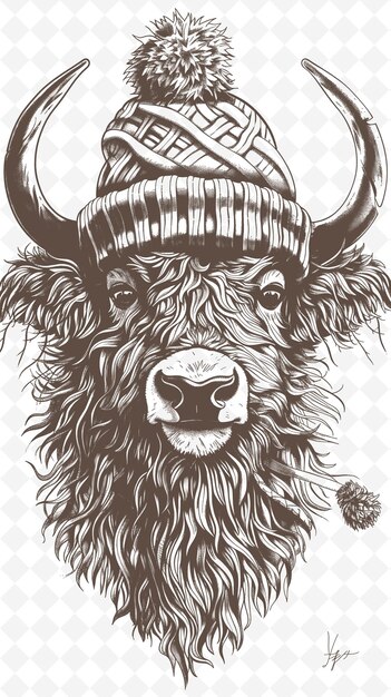 PSD yak con un cappello d'inverno e un'espressione accogliente disegno poster wi animali sketch art collezioni vettoriali