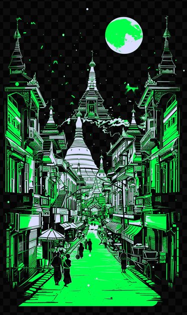 Yangons sule pagoda road with religious street scene colonia psd vector tshirt tattoo ink scape art