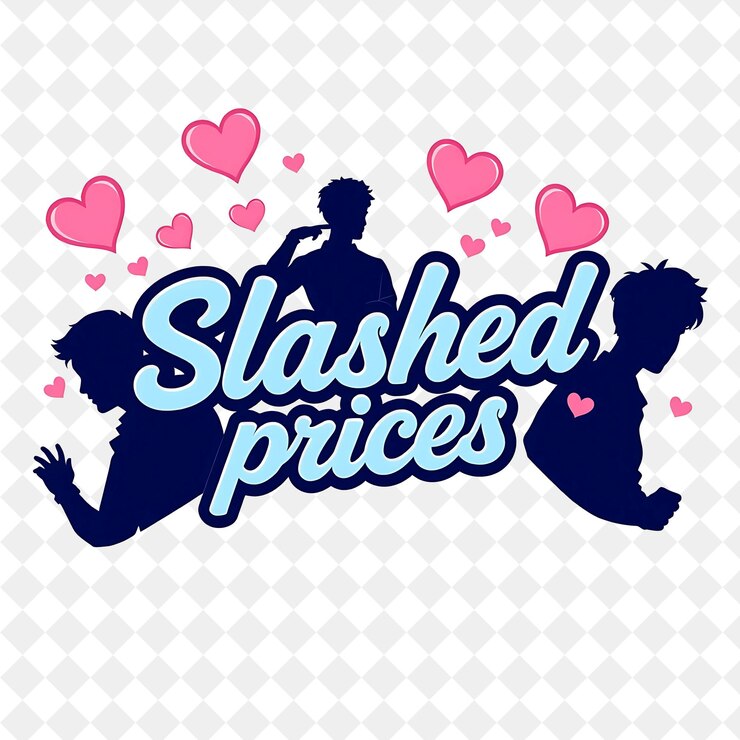 PSD yaoi text slashed prices surrounded by hearts and male silhouettes text is curvy and bold with