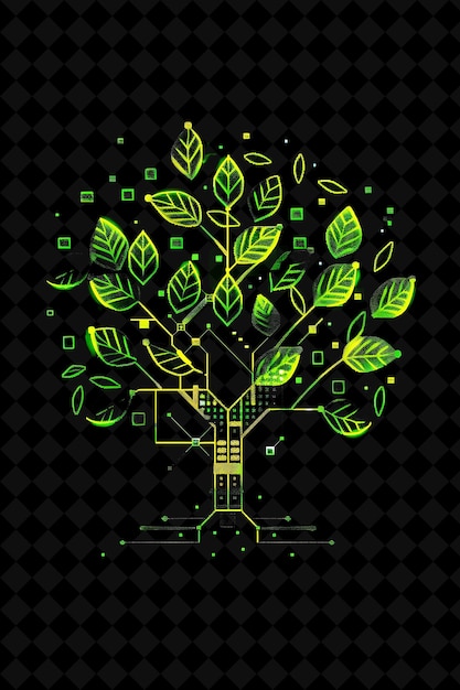 Yaprakları ve dalları olan basit Ağaç 8 Bit Piksel ve Geometr Y2K Şekli Neon Renkli Sanat Koleksiyonları