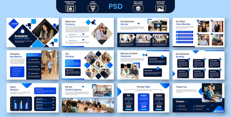 PSD yaratıcı modern iş powerpoint sunum anahtar notu slayt şablonu seti