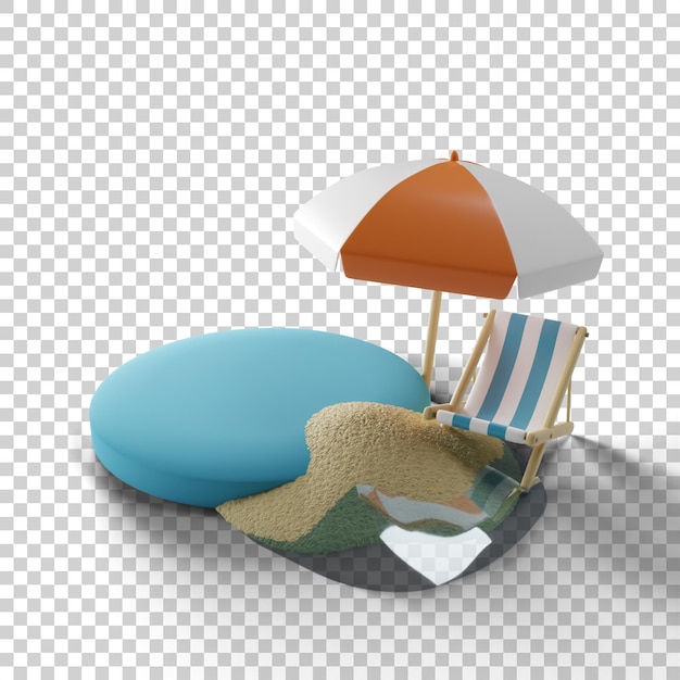 Yaz simgesi konsepti su, kum, palmiye ağacı, güneş ve podyum izole 3D render