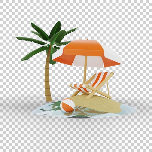 Yaz simgesi konsepti su, kum, palmiye ağacı, güneş ve podyum izole 3D render