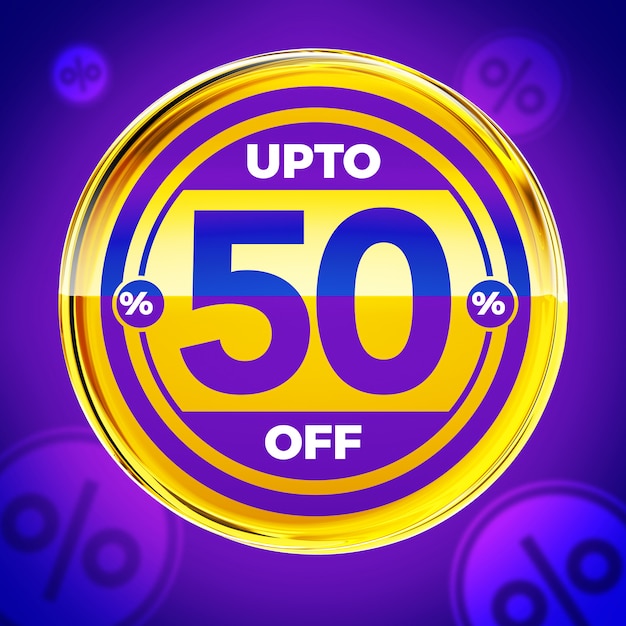 Yellow 3d shiny badge with 50% off