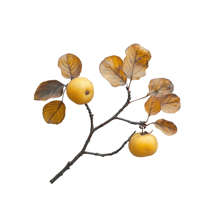 PSD yellow apples on a branch with autumn leaves
