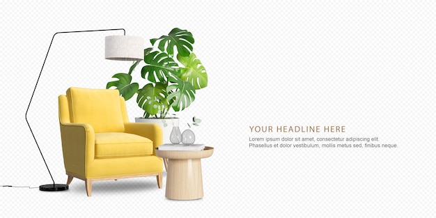 PSD yellow armchair and monstera plant in 3d rendering