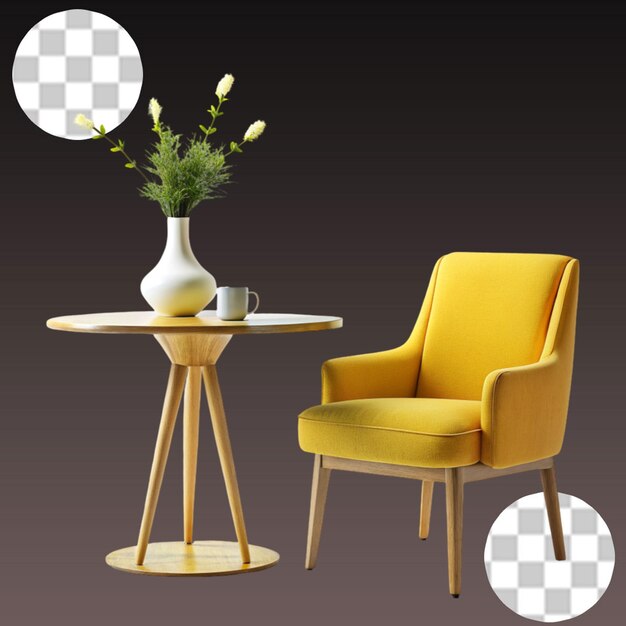 PSD yellow armchair and plant in 3d on transparent background