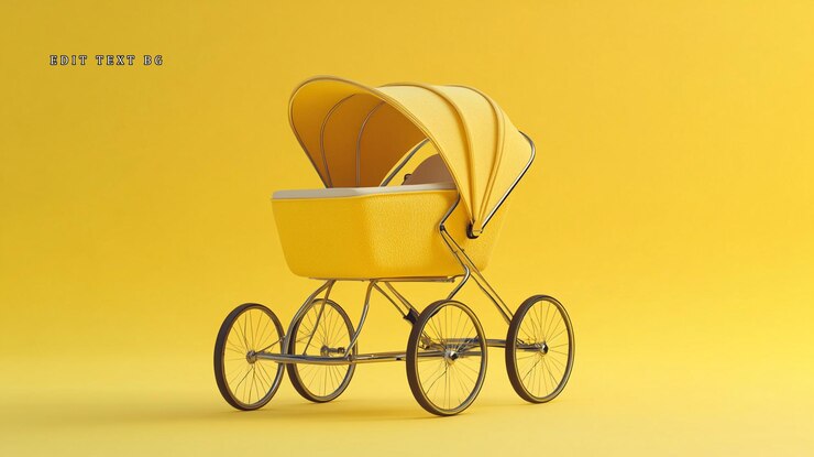 Yellow baby stroller on yellow background 1