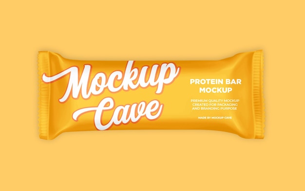 PSD a yellow bar wrapper that says protein bar mockup.