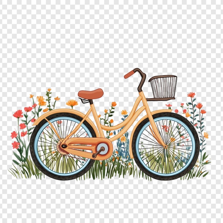 PSD yellow bicycle in flower garden spring ride nature scene