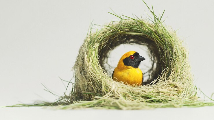 PSD yellow bird with red eyes nestled in a grass nest against a white background
