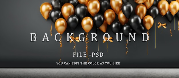 PSD yellow and black balloons on a black wall background concept for birthday celebrations parties