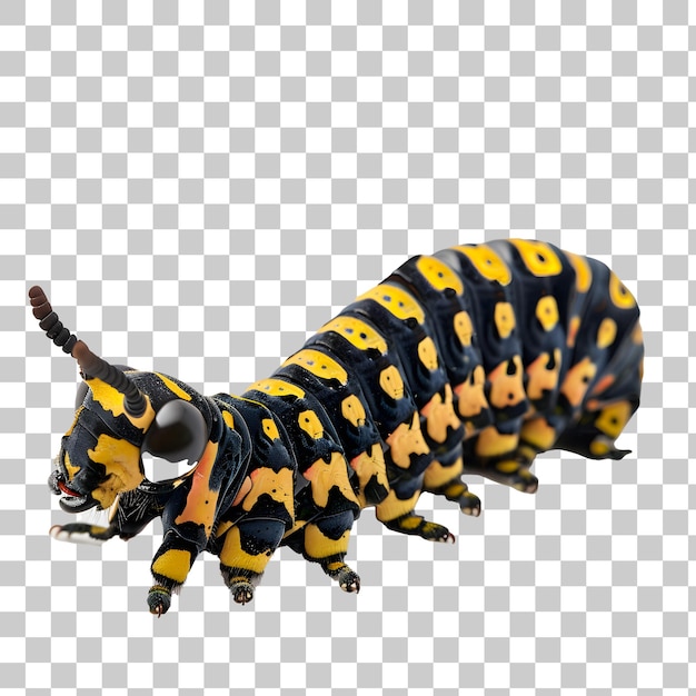 PSD yellow and black caterpillar crawling on white