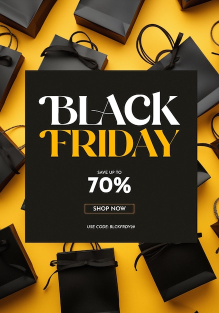 PSD yellow black friday poster template with shopping bags